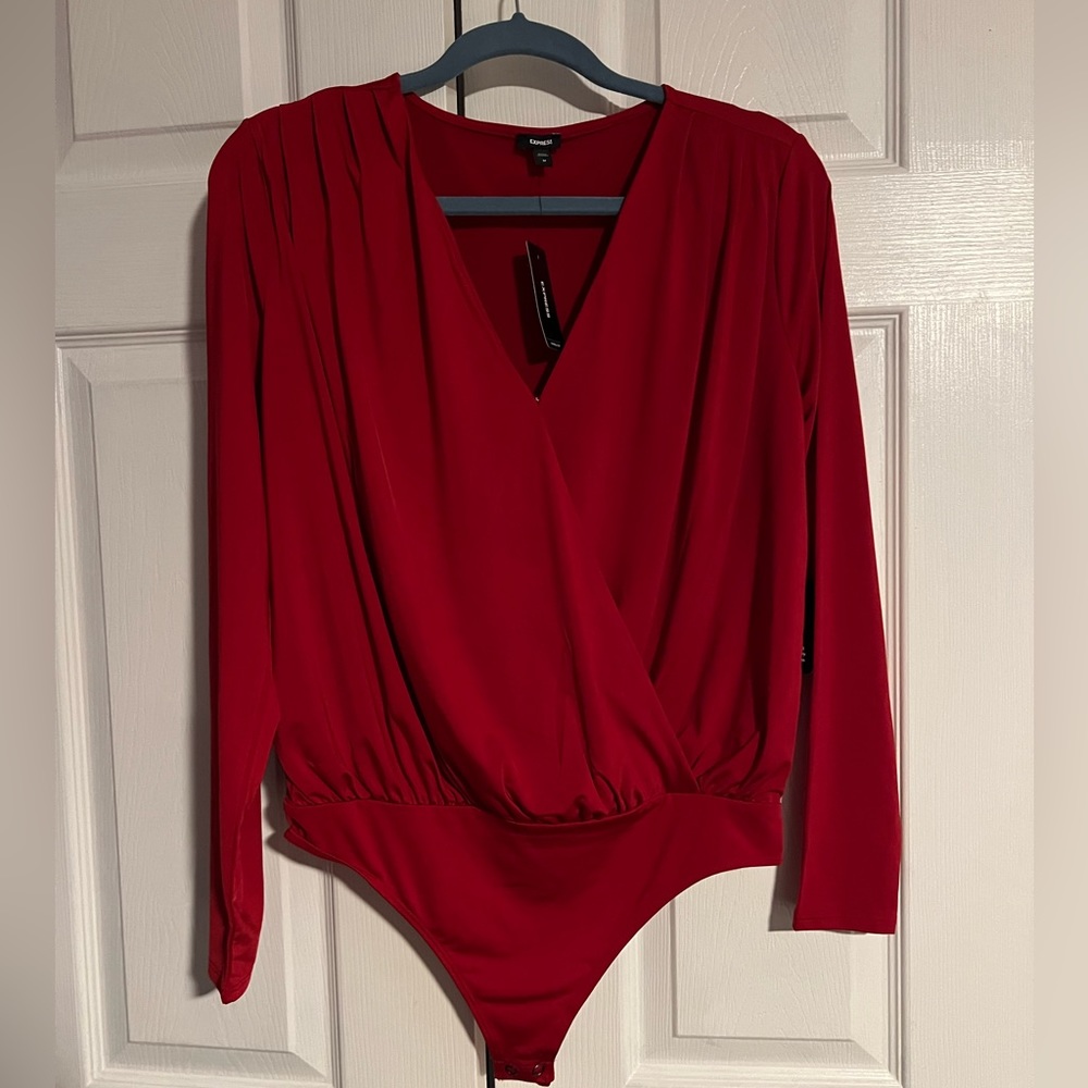 NWT Express red v-neck long sleeve faux wrap bodysuit- size medium